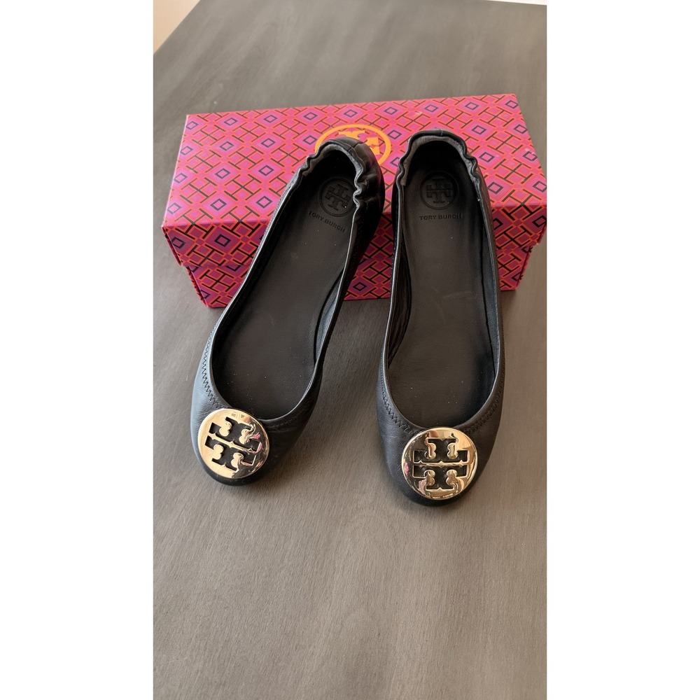 Tory Burch Minnie Travel Shoes Womens Size 7 Black Leather Logo Ballet Flats